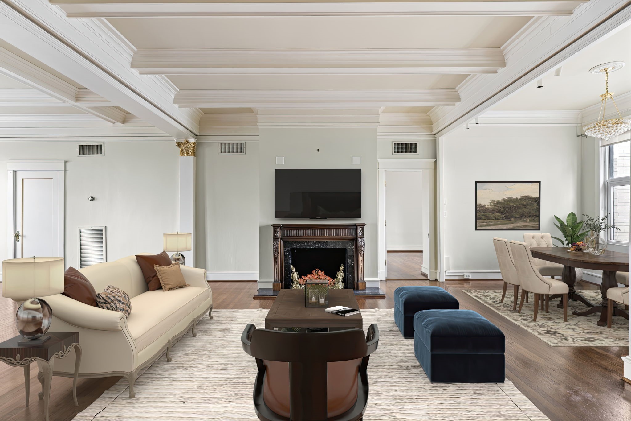 1700 Main Street, Unit 7B Houston, TX 77002 - Photo 17 of 50 a living room with furniture a fireplace and a flat screen tv