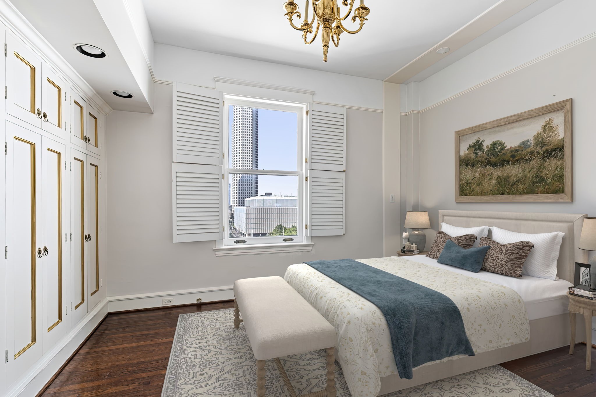 1700 Main Street, Unit 7B Houston, TX 77002 - Photo 43 of 50 a bedroom with a bed and a painting on the wall