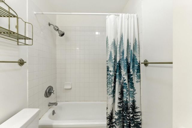 a bathroom with a shower curtain and a sink