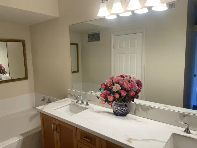 a bathroom with a sink a vanity and a mirror