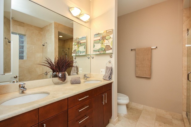 4115 South Drexel Boulevard, Unit 2F Chicago, IL 60653 - Photo 12 of 17 a bathroom with a granite countertop sink toilet a large mirror and shower
