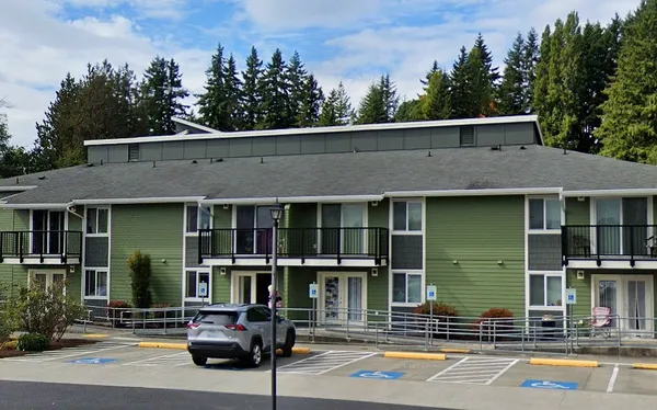 front view of a building with a street view