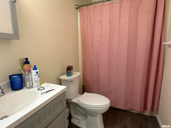 a bathroom with a sink a toilet and shower curtain
