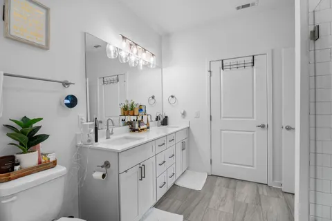 a bathroom with a sink a potted plant a mirror and vanity