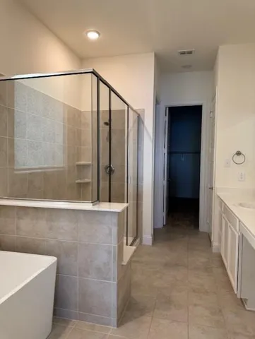 a bathroom with a bathtub and shower