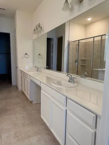 a bathroom with a double vanity sink a mirror and a shower