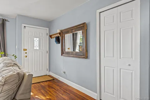 a view of a livingroom with wooden floor and closet