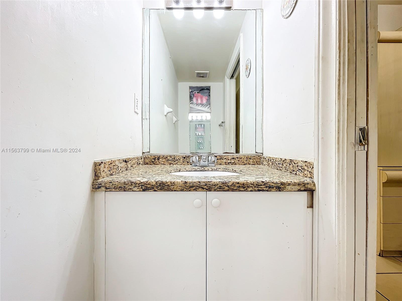 120 South Douglas Road, Unit 302 Miami, FL 33134 - Photo 12 of 28 a bathroom with a granite countertop sink and a mirror
