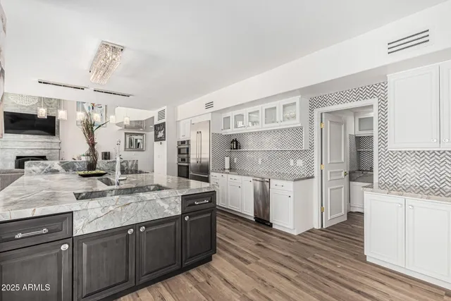 a view of a dining room with furniture