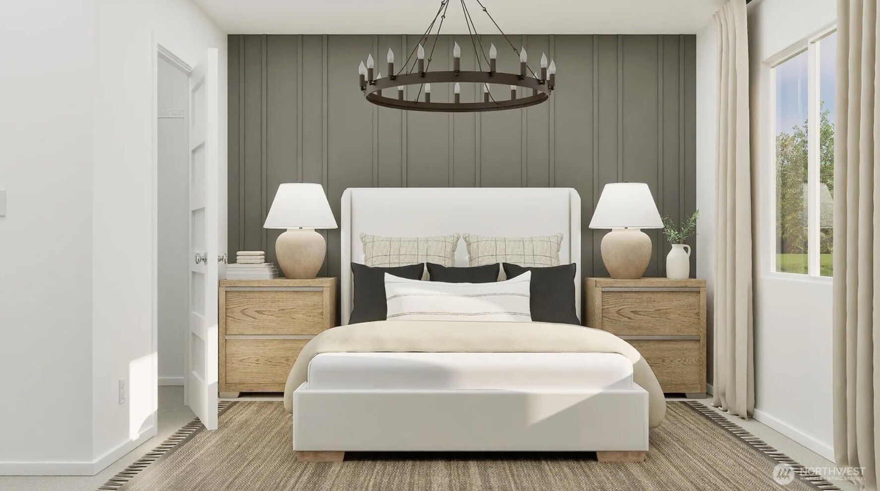 153 Moonshadow Lane Sequim, WA 98382 - Photo 7 of 16 a bedroom with a bed and chandelier