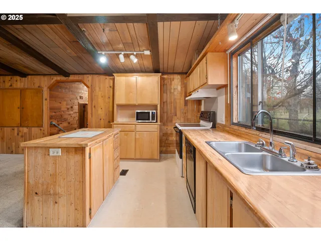 a kitchen with granite countertop a sink a counter top space stainless steel appliances and cabinets