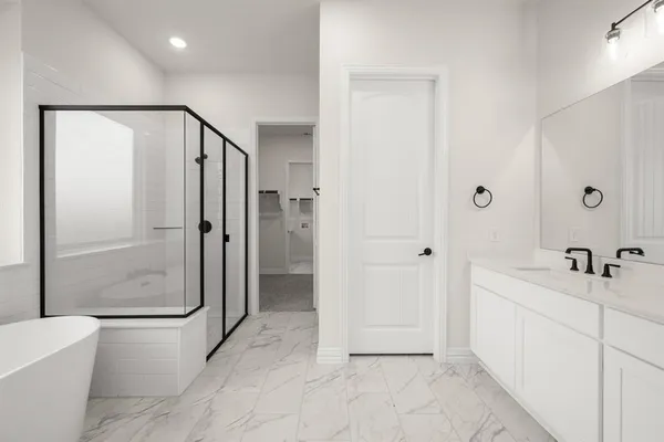 a bathroom with a bathtub and a shower