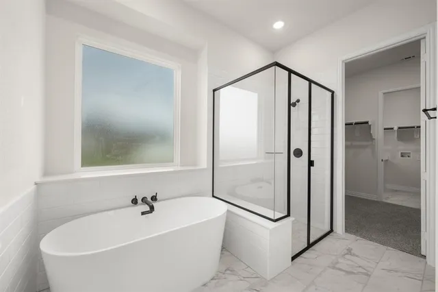 a bathroom with a bathtub and a shower