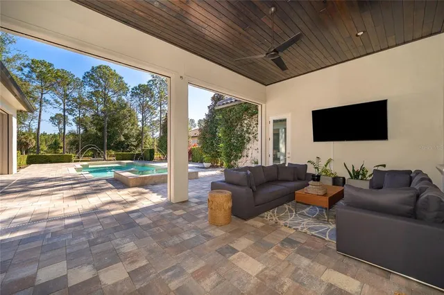 an aerial view of a swimming pool
