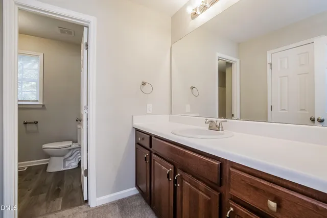 a bathroom with a sink a toilet and a mirror