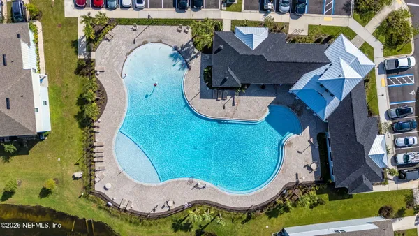 an aerial view of a swimming pool
