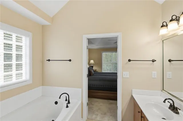 a bathroom with a tub sink and mirror