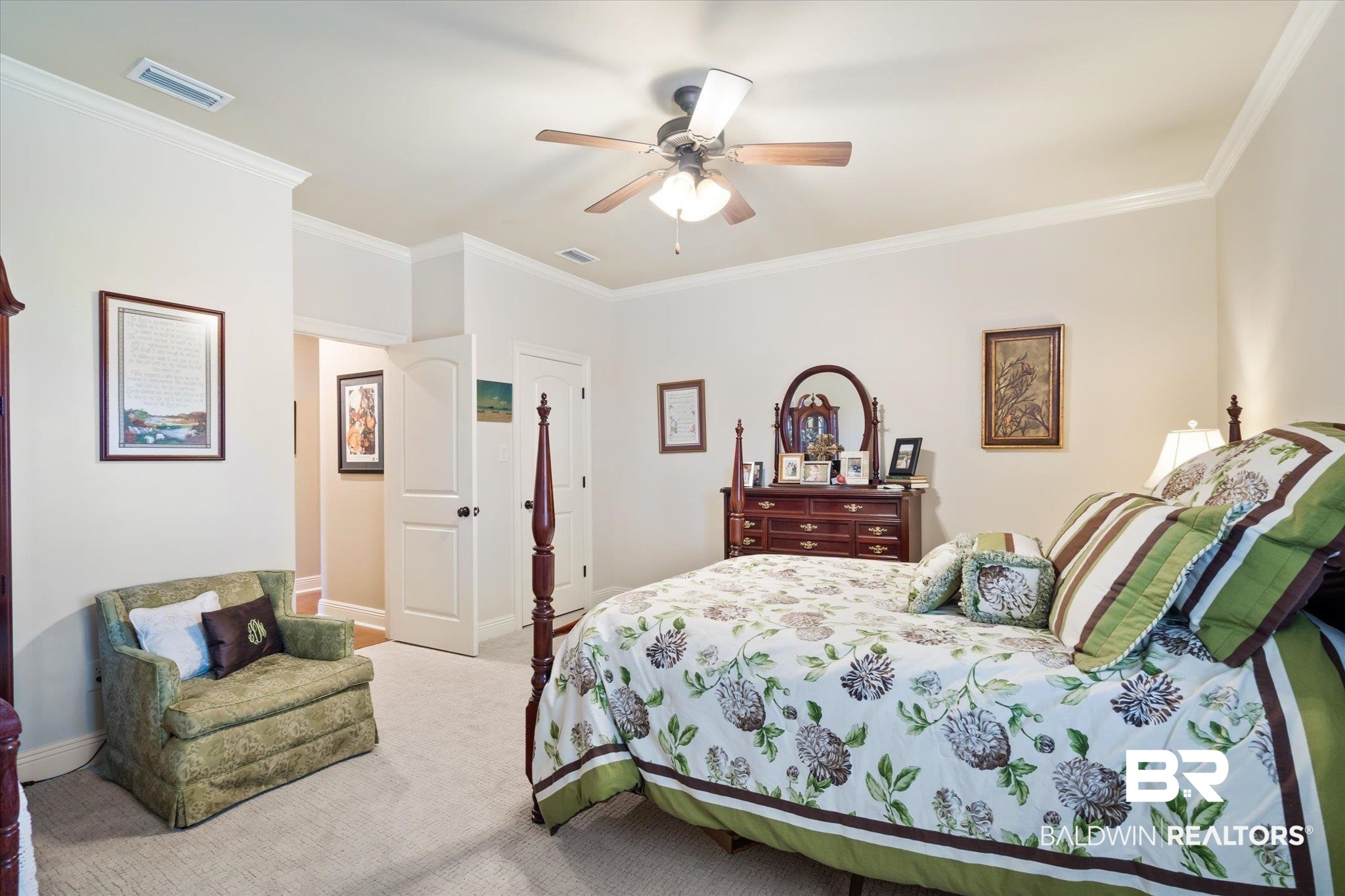 5683 Spring Landing Drive Theodore, AL 36582 - Photo 22 of 49 Bedroom with ornamental molding, light carpet, and ceiling fan