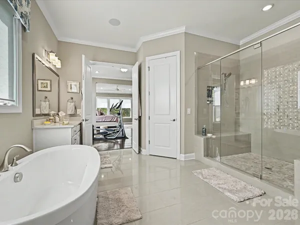 a bathroom with a tub a sink shower and mirror