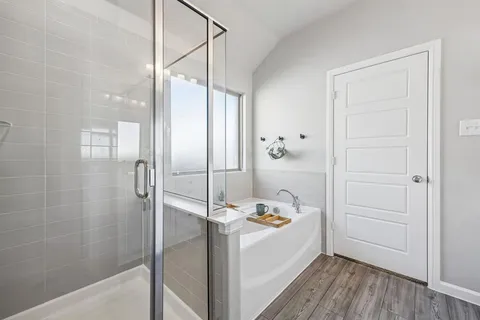 a bathroom with a bathtub and a shower