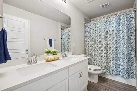 a bathroom with a sink toilet and shower