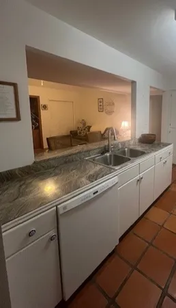 a view of a sink a counter top space and cabinets