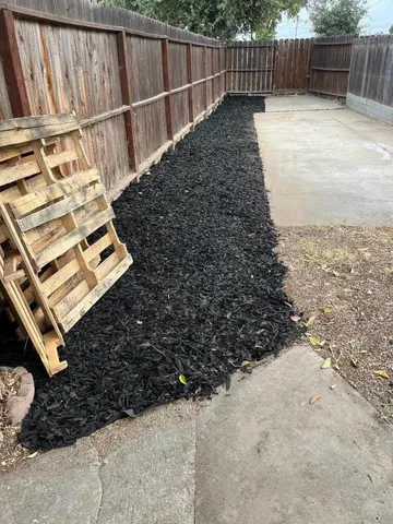 a view of a backyard with wooden fence