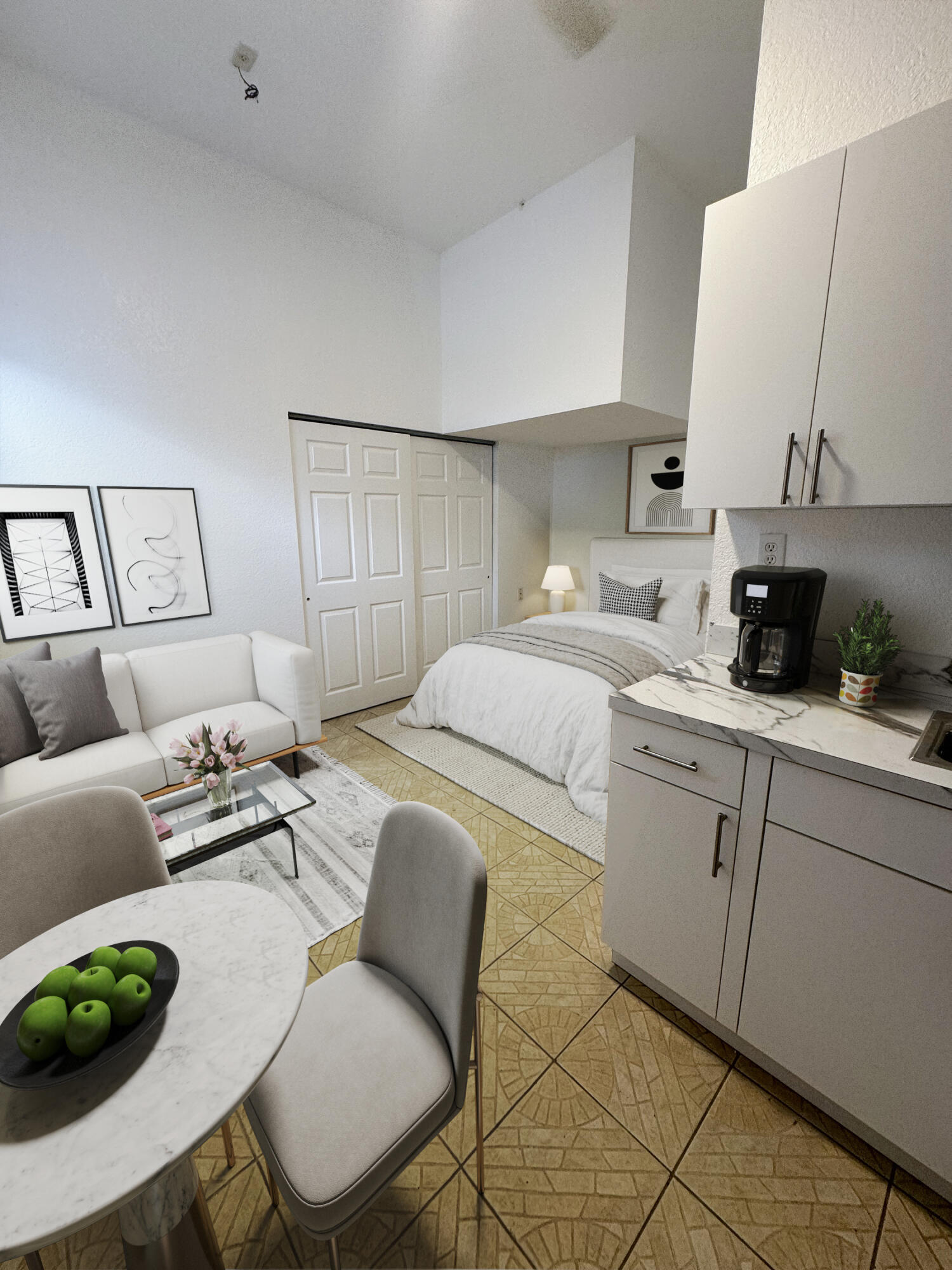 17296 Northwest 88th Court, Unit STUDIO Hialeah, FL 33018 - Photo 9 of 12 a bedroom with a bed a couch and dresser