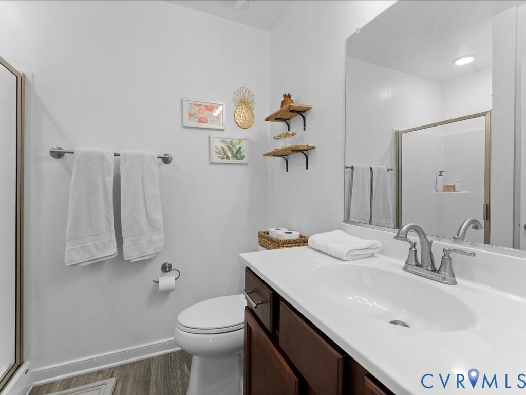 12137 Perdue Springs Loop Chester, VA 23831 - Photo 30 of 45 Bathroom featuring a shower stall, vanity, and dar