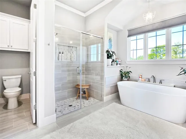 a bathroom with a bathtub and a shower