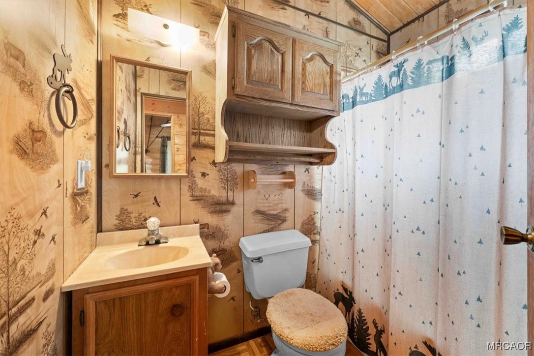 817 Maple Lane Sugarloaf, CA 92386 - Photo 20 of 23 a bathroom with a sink a toilet and shower curtain