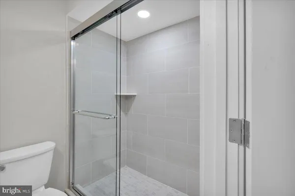 a bathroom with a shower and toilet