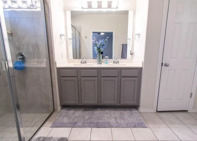 a bathroom with a sink a mirror and a shower