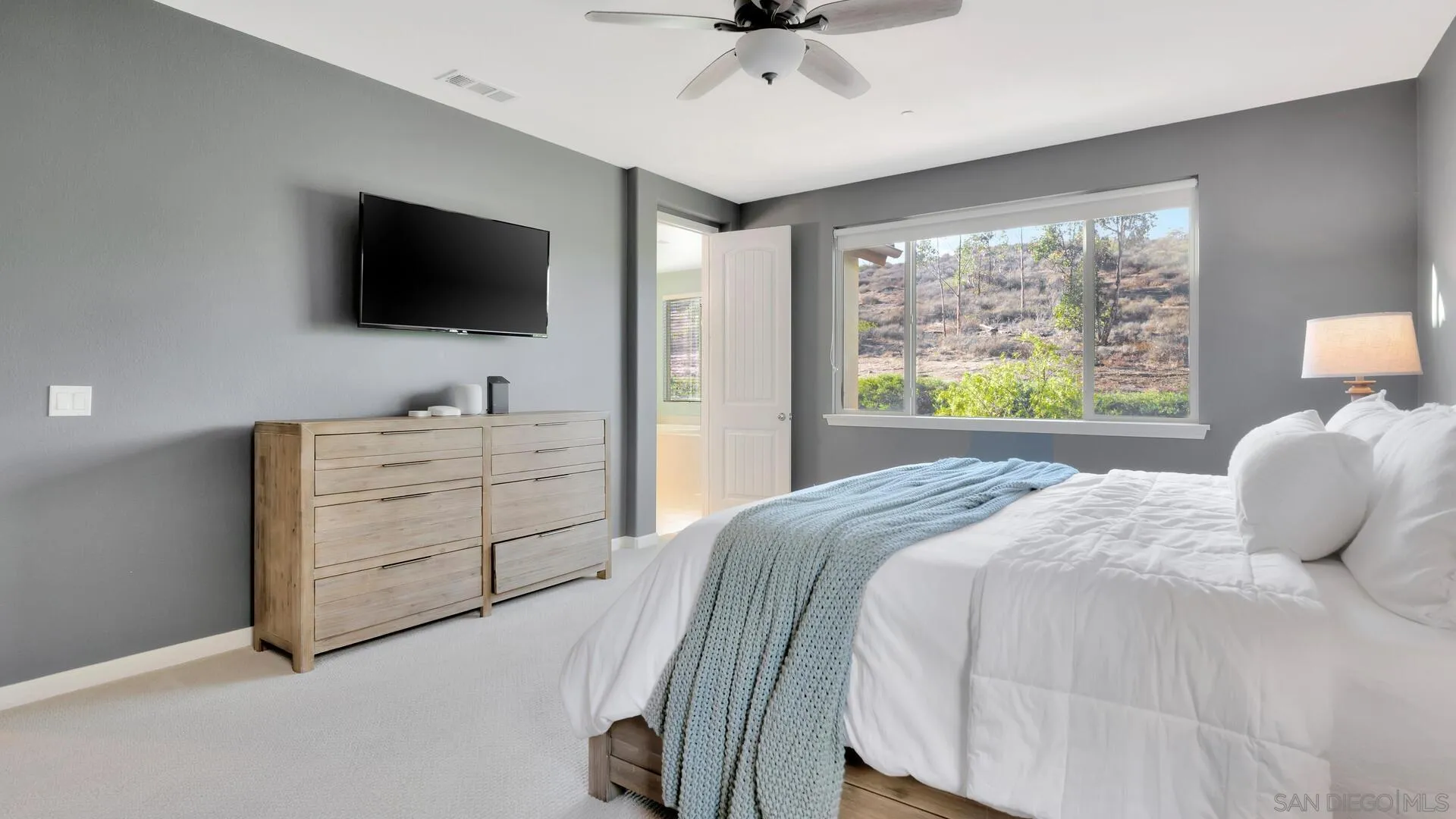 17568 Ralphs Ranch Road San Diego, CA 92127 - Photo 18 of 59 a bedroom with a bed and a flat tv screen on dresser