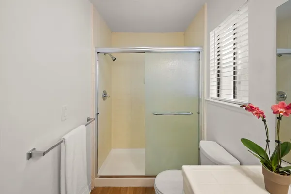 a bathroom with a shower curtain