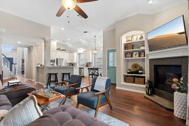 a outdoor living space with furniture and a fireplace