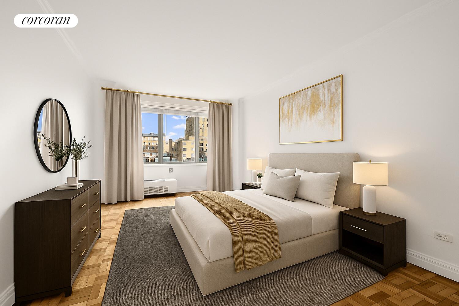 15 West 72nd Street, Unit 9H Manhattan, NY 10023 - Photo 4 of 9 a bedroom with a bed and dresser with mirror