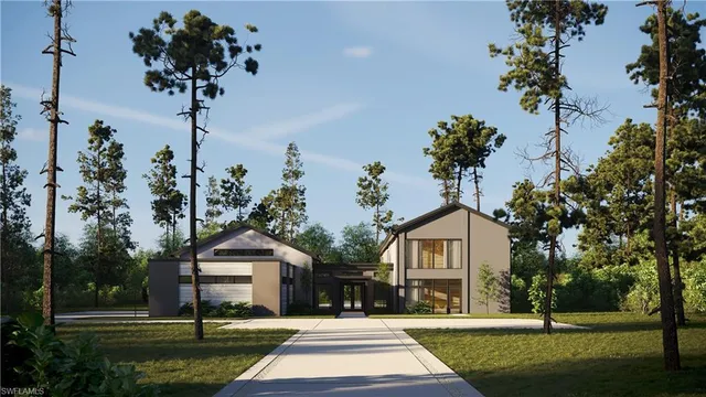 a front view of a house with a yard and fountain