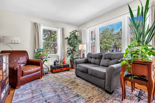 a living room with furniture and a potted plant