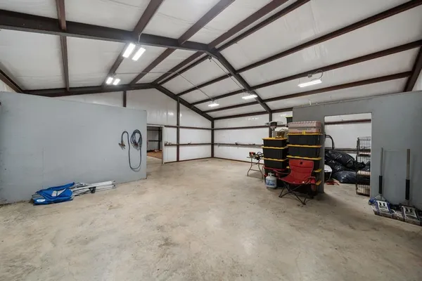 a view of a garage with storage