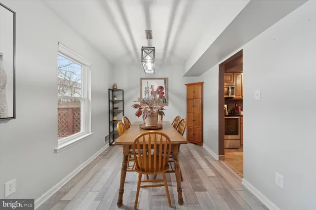 a view of a dining room with furniture window and wooden floor