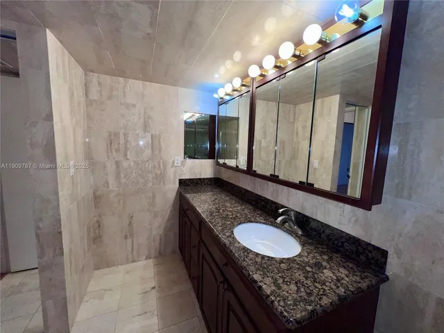 a bathroom with a granite countertop sink a mirror and a shower