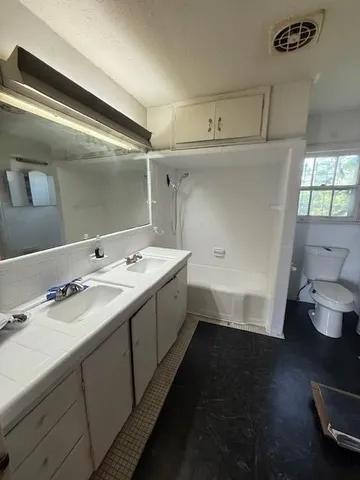 a bathroom with a double vanity sink and a toilet