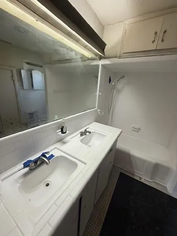 a bathroom with a sink and a mirror