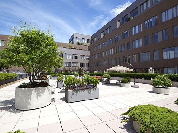 a view of a building with potted plants and a bench