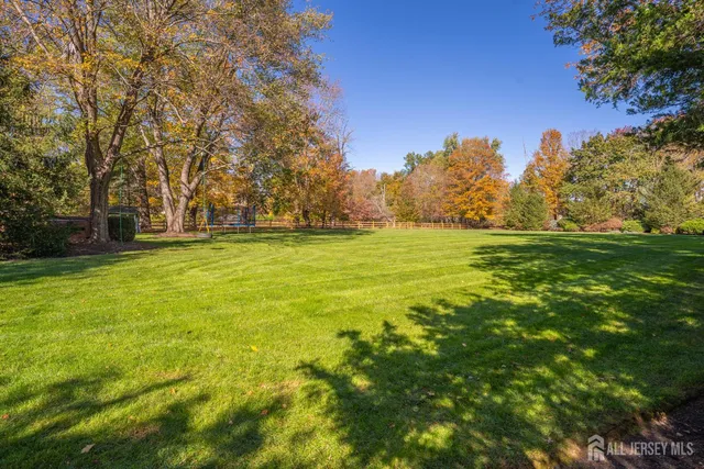 a backyard of apartments with large trees