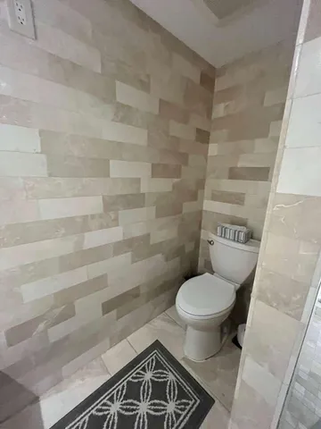 a bathroom with a toilet and a shower