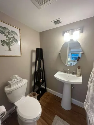a bathroom with a toilet a sink and mirror