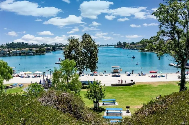a view of a lake with a city view