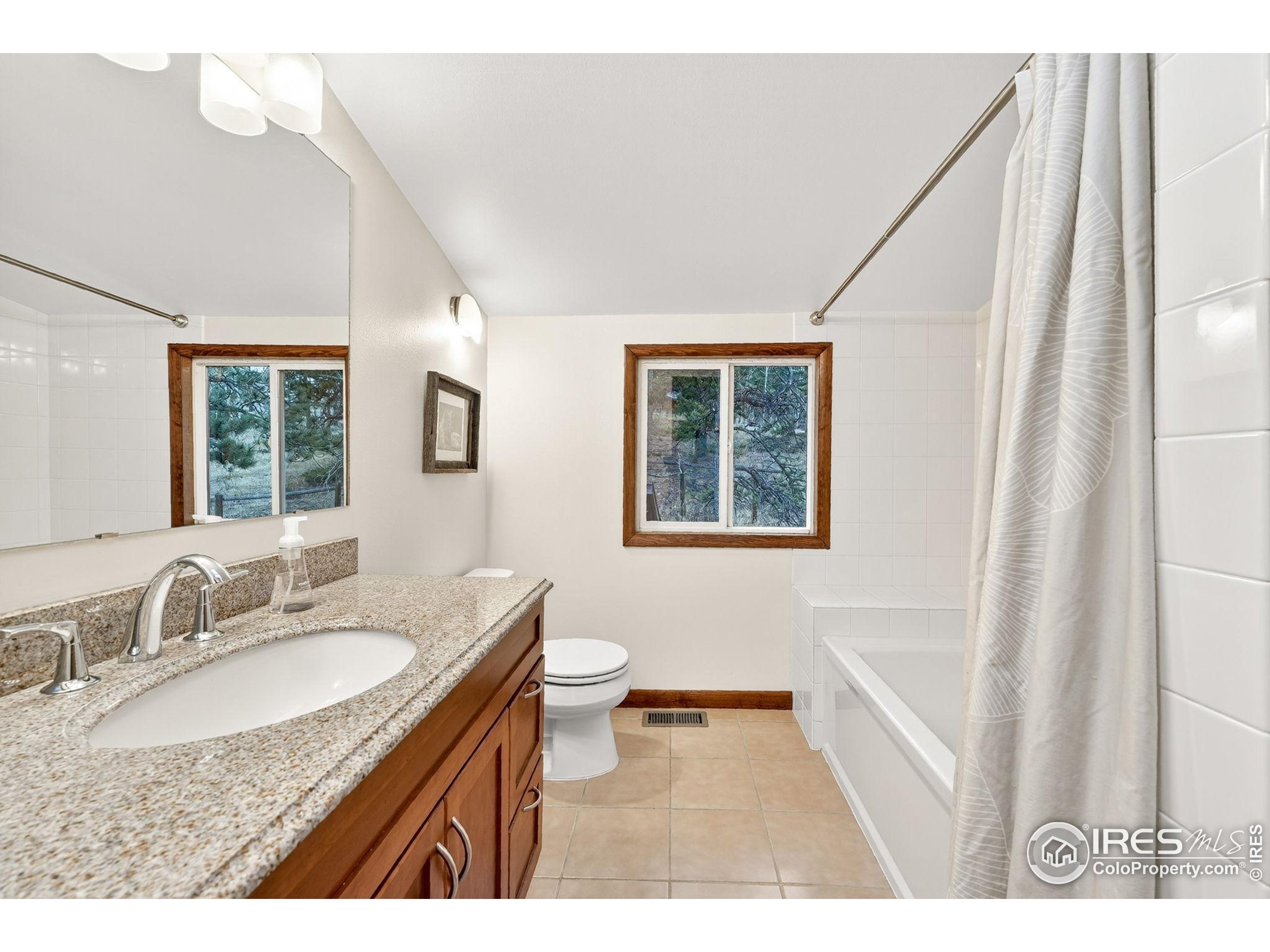 1707 Ridge Road Nederland, CO 80466 - Photo 32 of 50 a bathroom with a granite countertop sink a mirror a vanity and a window